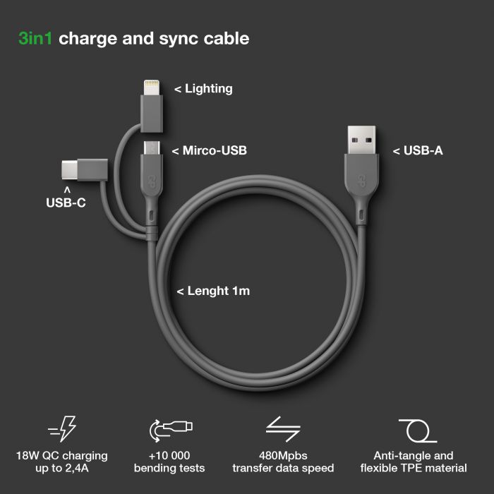 Essential 3-in-1 microUSB,USB-C,Lightning GRÅ / 1 M