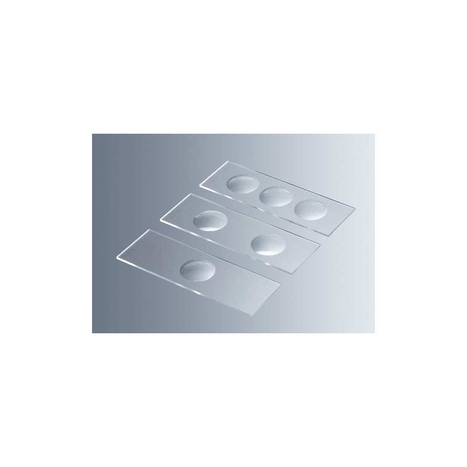 Objektglas med fördjupningar, 50 glas, IVD 98/79/EC, CE-märkt 3 FÖRDJUPNINGAR