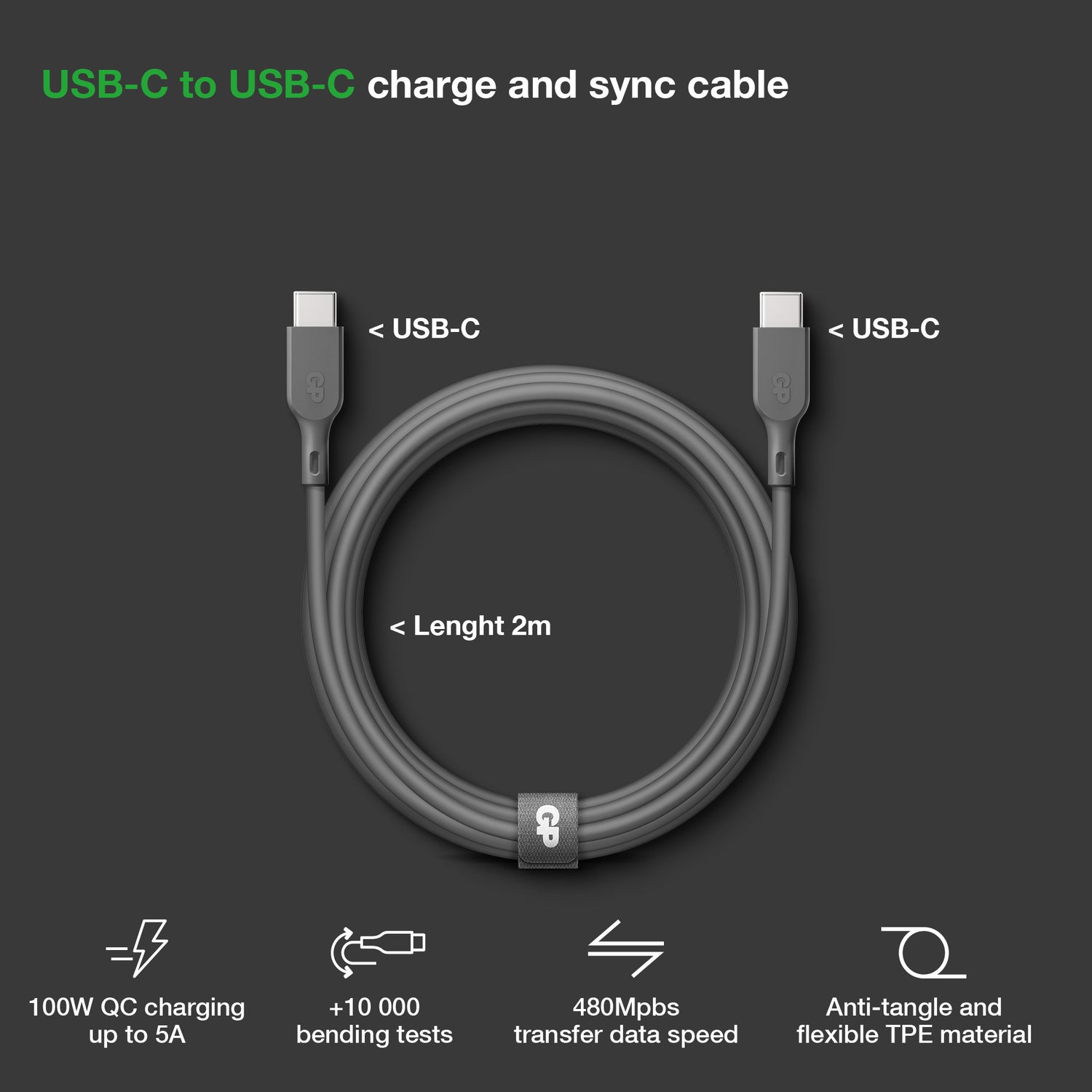 Essential USB-kabel CC2P, USB-C till USB-C 100W 2 meter GRÅ / 2 M