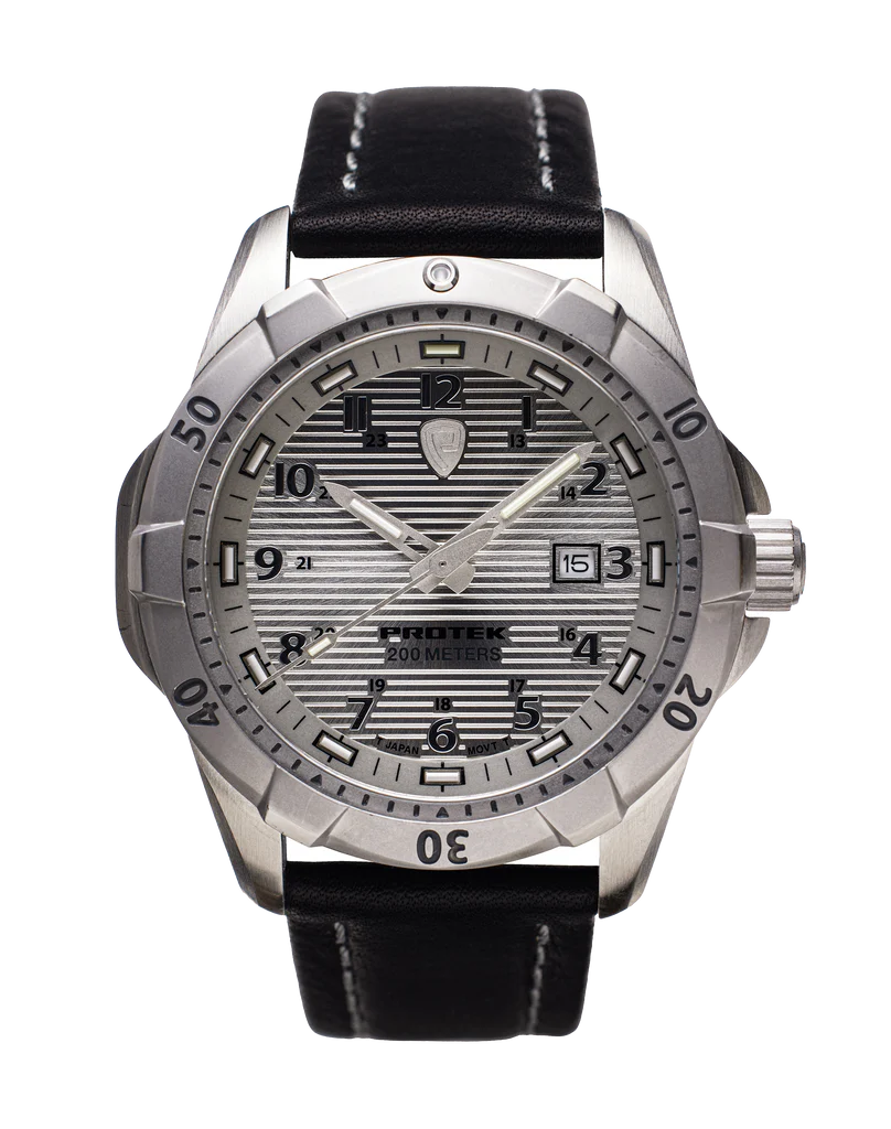 ProTek Dive Series 2000 Stål BORSTAT STÅL SILVER URTAVLA SVART LÄDERARMBAND / 1 ST / EN STL