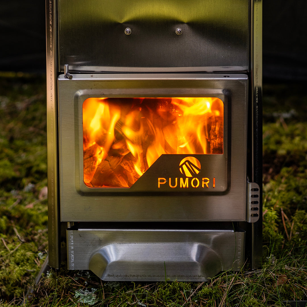 Kamin med glaslucka för te.x Bastutält EN STL