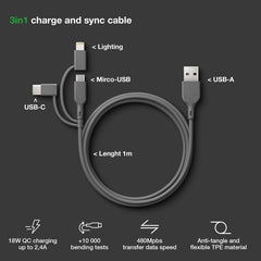 Essential 3-in-1 microUSB,USB-C,Lightning GRÅ / 1 M