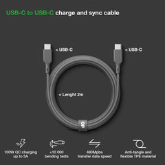 Essential USB-kabel CC2P, USB-C till USB-C 100W 2 meter GRÅ / 2 M